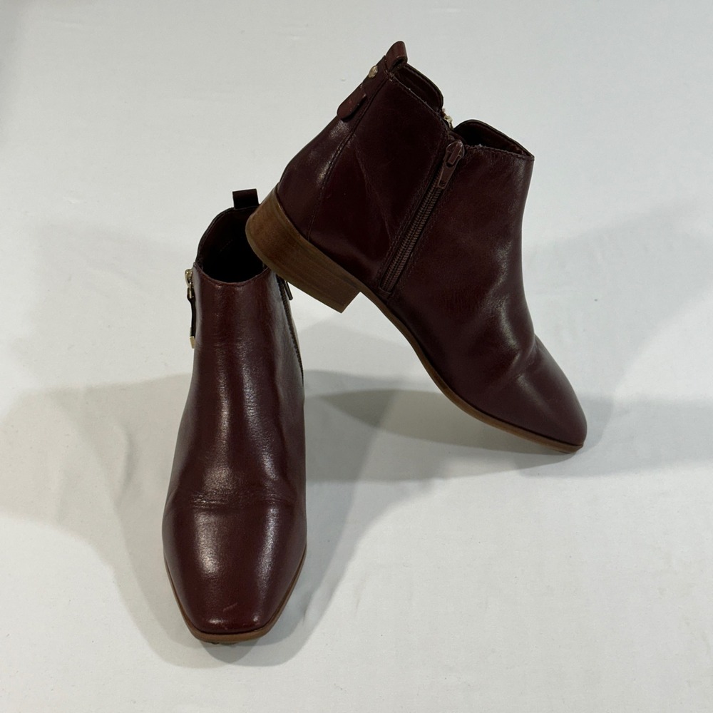 Aldo Flex Women 7.5 Burgundy Leather Ankle Boots Low Block Heel Side Zip Booties